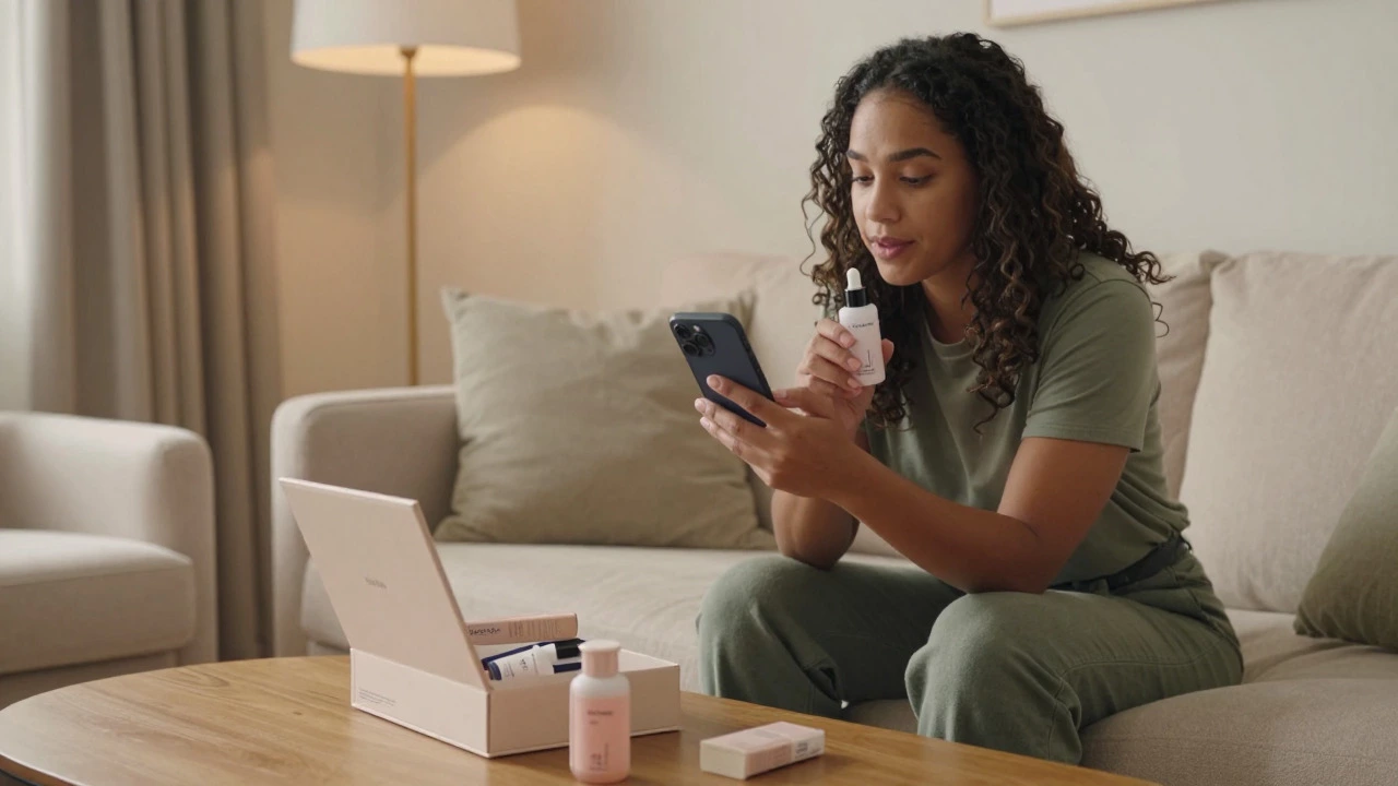 Woman on sofa rating a beauty product on her phone next to an open subscription box.
