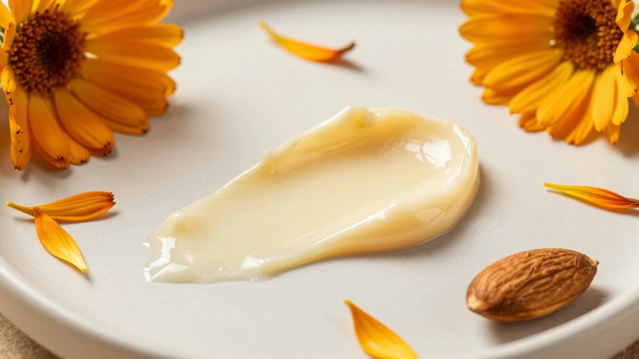 Close up of calendula lip balm swatch with petals and almond