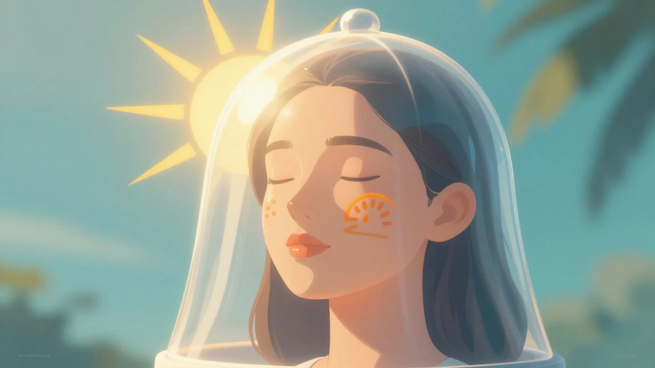 Conceptual art of sunscreen protecting skin from sun rays
