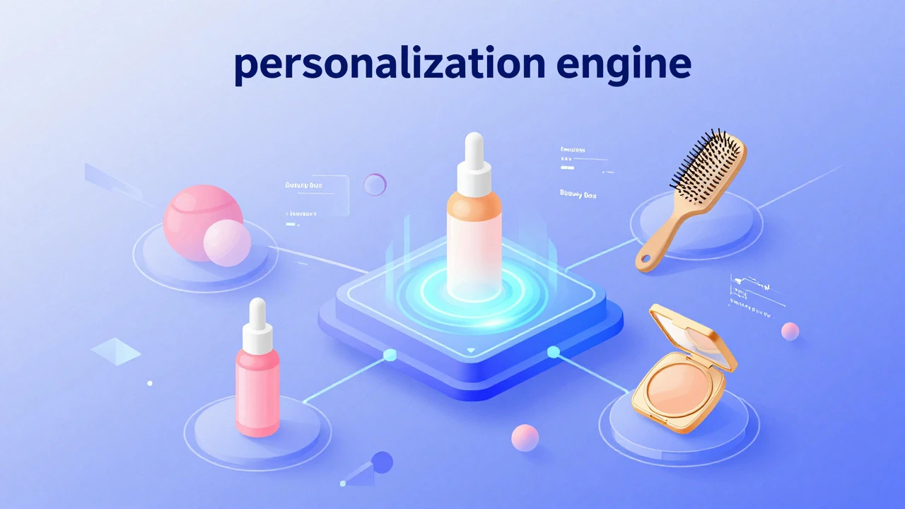 Digital art showing data nodes connecting to beauty product icons via algorithmic lines