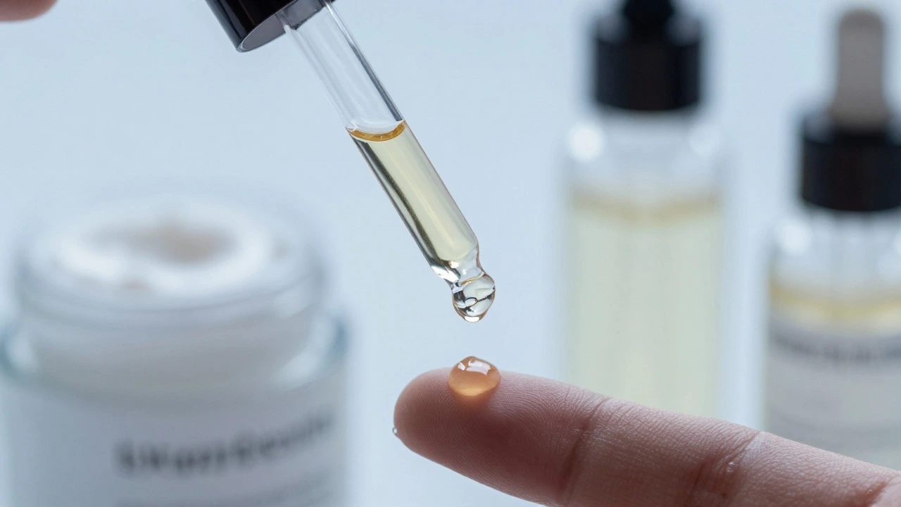 Dropper applying serum to fingertip with layered skincare products in background