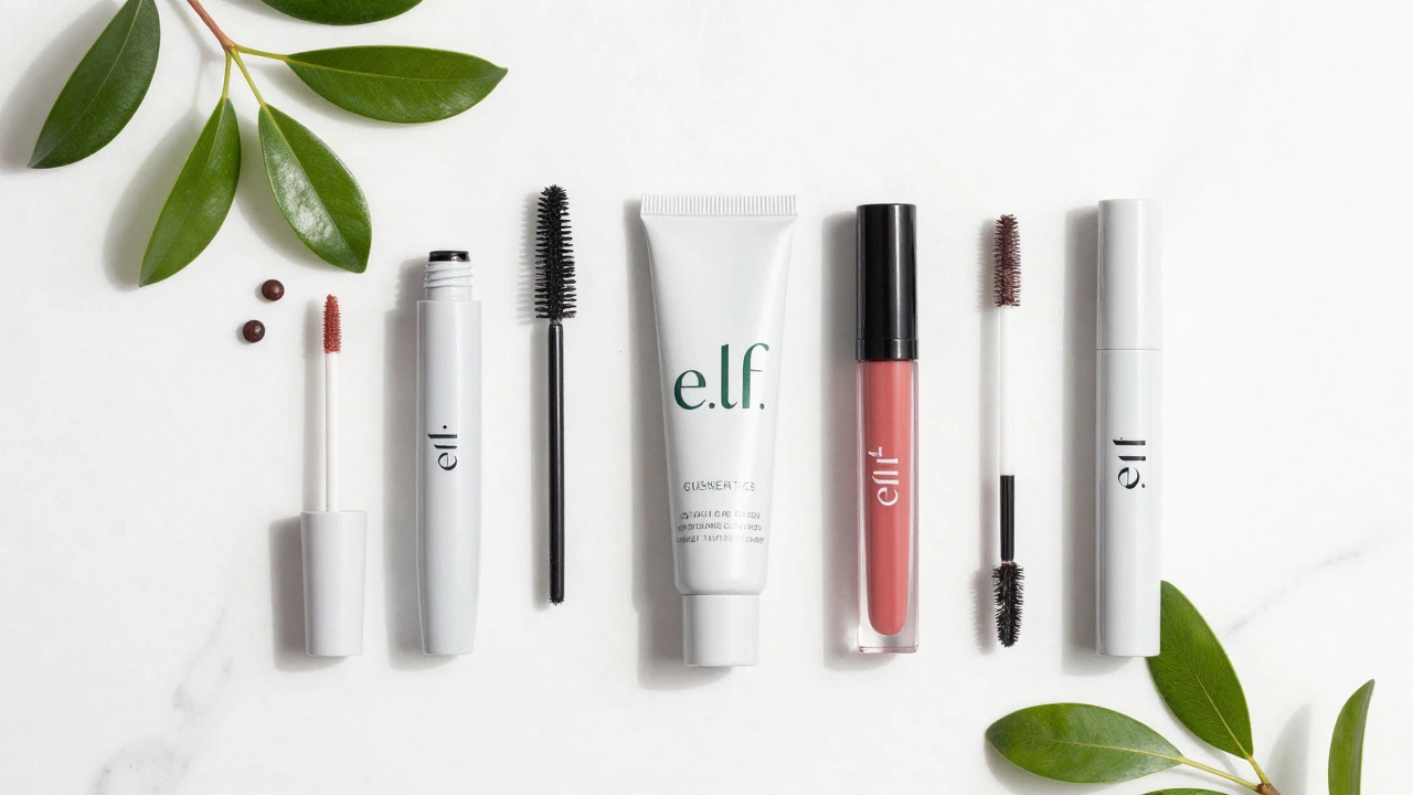 Flat lay of cruelty-free makeup alternatives on marble