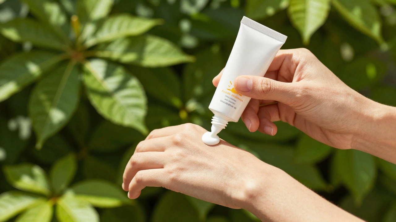 Hand applying mineral sunscreen cream in a sunny garden setting