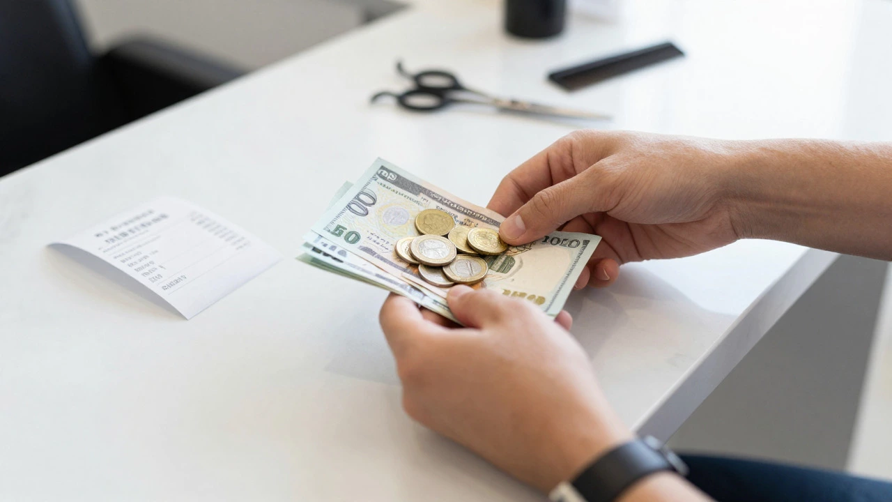 Hands placing cash tips on a salon counter next to a receipt