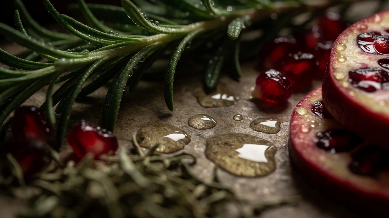 Macro shot of fresh rosemary, pomegranate, and oil drops