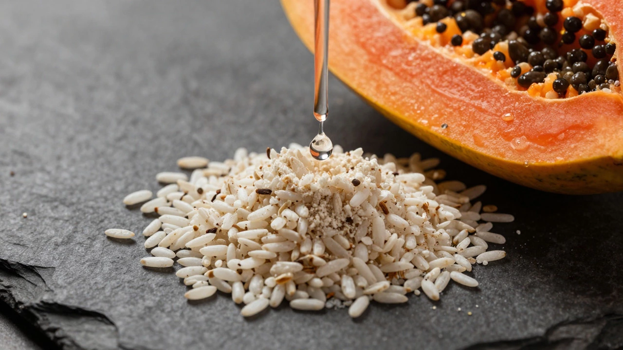 Macro shot of rice bran and papaya representing natural exfoliants