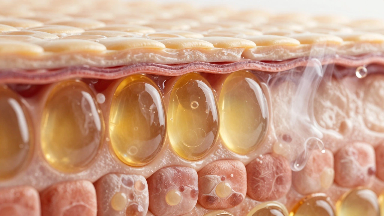 Macro view of skin cells with golden lipid structures filling gaps to repair the barrier