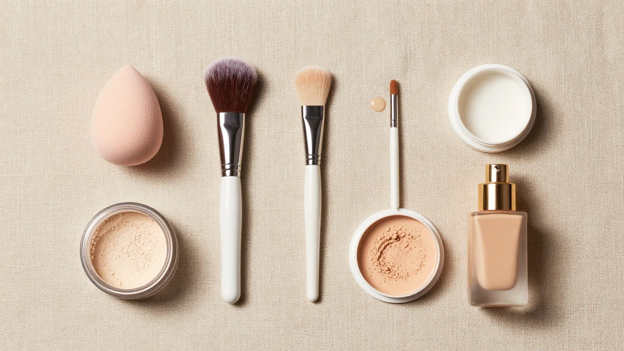 Makeup sponge, brushes, and foundation products arranged on linen