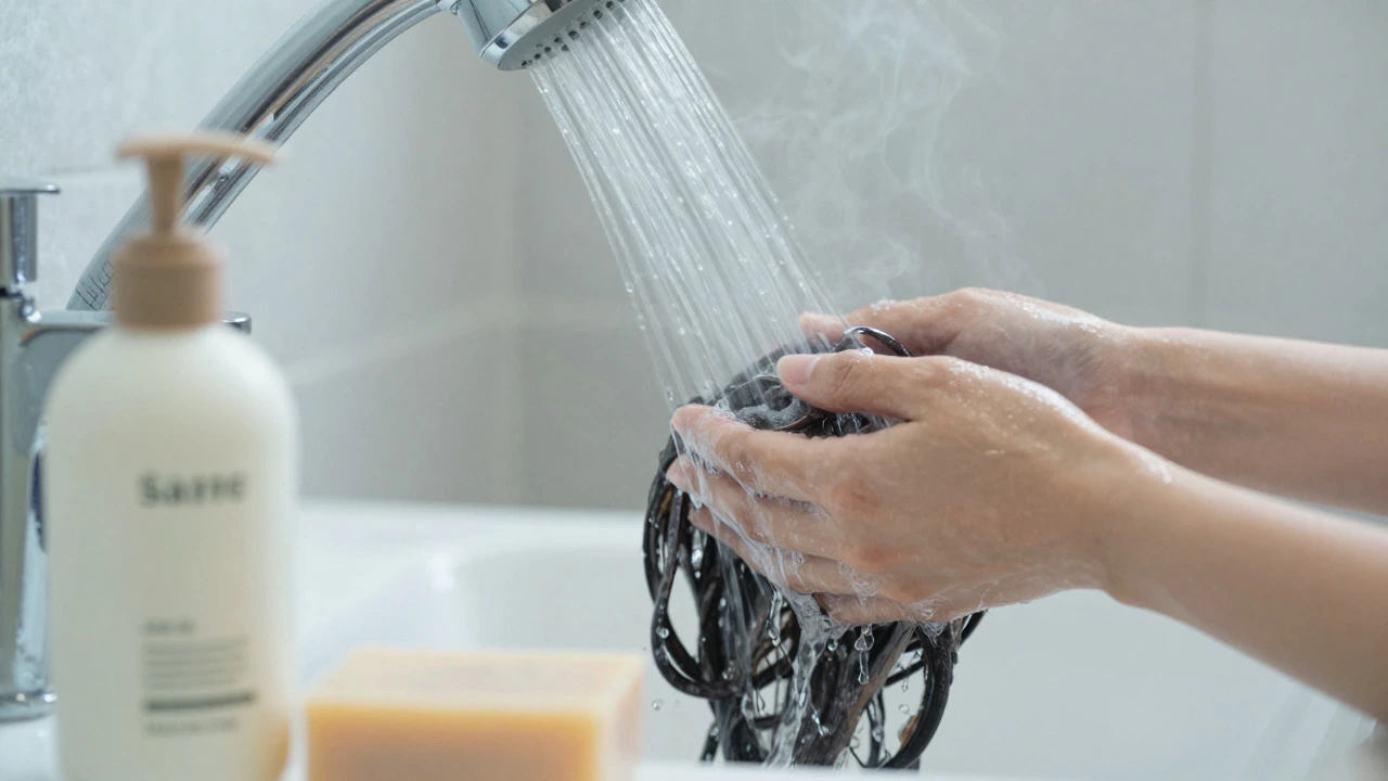 Person gently rinsing scalp with lukewarm water in a calm bathroom
