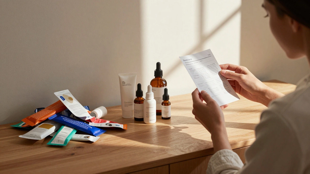 Person reading ingredient list with simple products on vanity