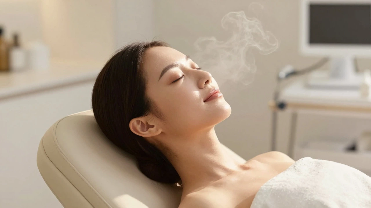 Relaxed woman with glowing skin in a bright clinic