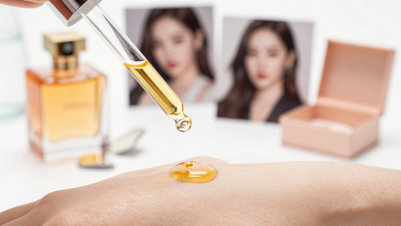 Serum dropper on skin with blurred marketing hype in background