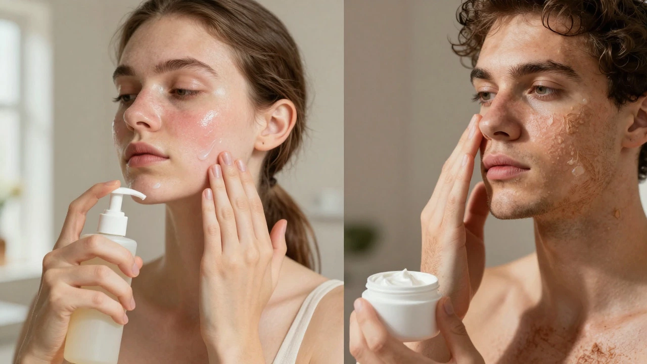 Split screen showing two people applying different types of moisturizer to their faces