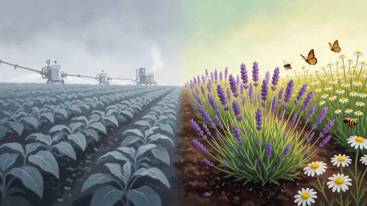 Split view of conventional vs organic farming fields with crops