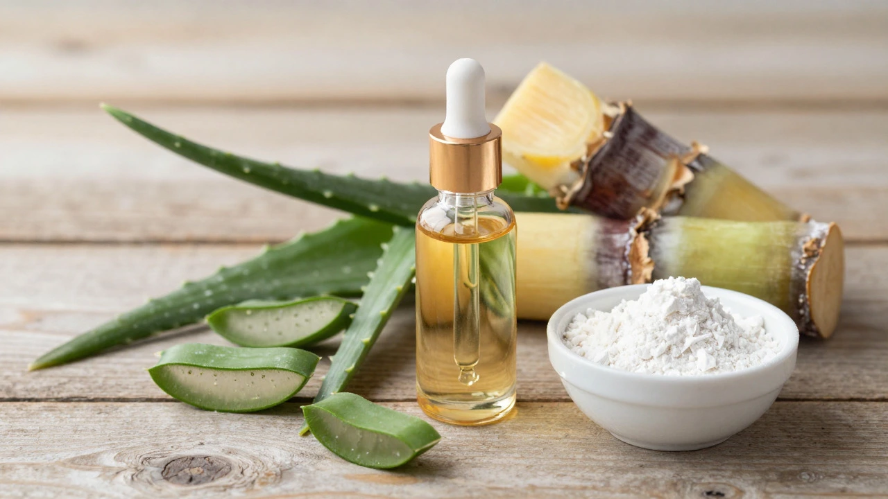 Still life of natural skincare ingredients including jojoba oil and aloe
