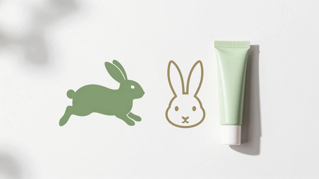 Stylized rabbit icons and lip balm tube on a white surface