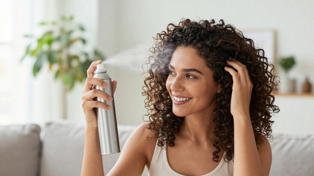 Woman applying dry shampoo to add volume to curly hair roots