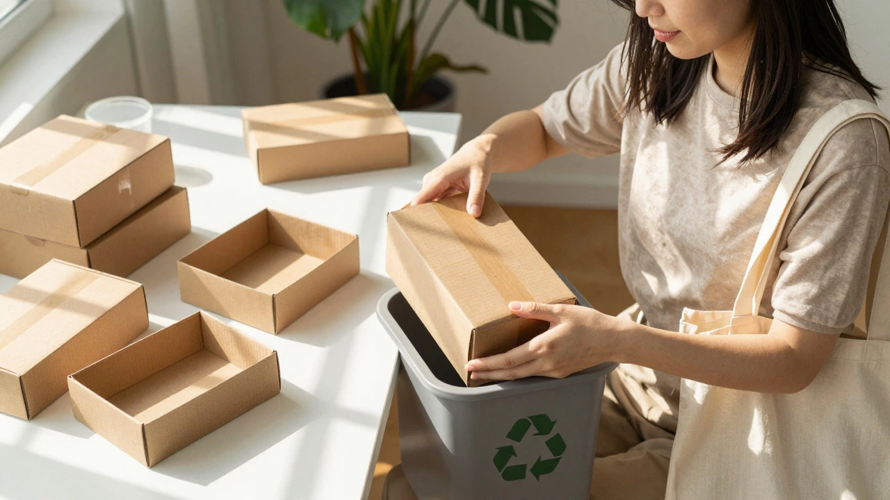 Woman recycling an empty beauty box next to plants and a reusable bag