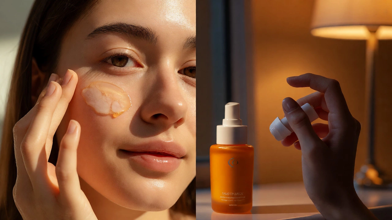 Applying Vitamin C serum during the day and Retinol at night.