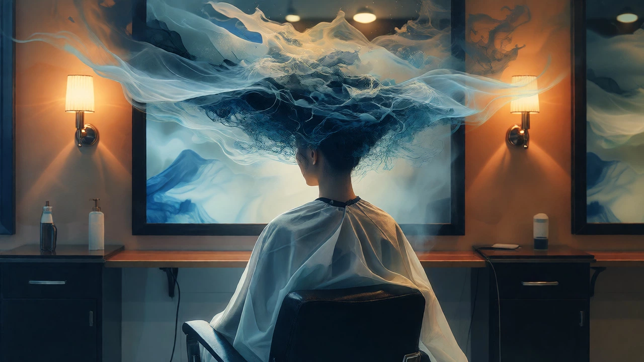 Artistic depiction of a woman finding mental peace during a salon hair washing ritual.