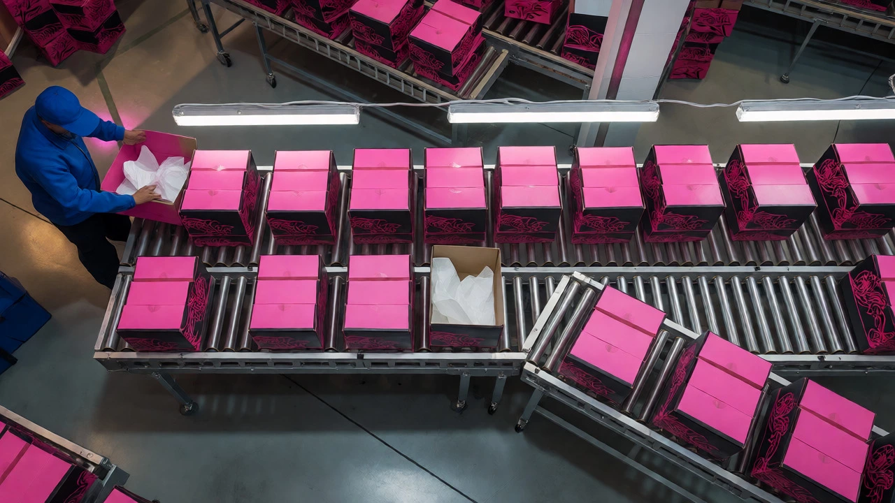 Beauty product boxes being packed in a warehouse facility