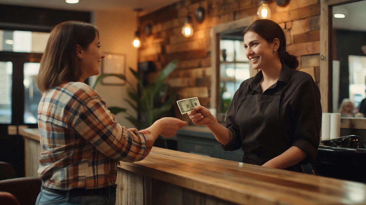 Client handing a cash tip directly to a smiling salon assistant.