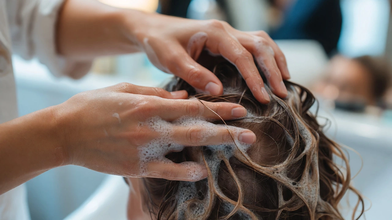 Close-up of stylist's hands massaging soapy lather into a client's wet scalp.