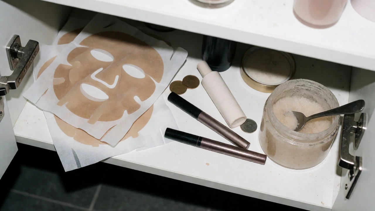 Cluttered bathroom shelf with dusty beauty products and loose coins.