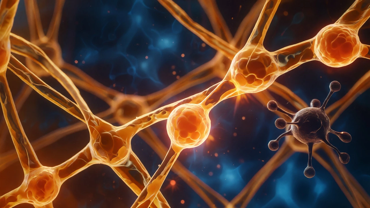 Collagen fibers reinforced by glowing Vitamin C molecules.