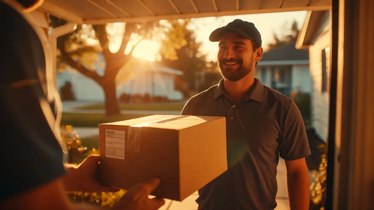 Delivery driver handing a parcel to a customer at their doorstep