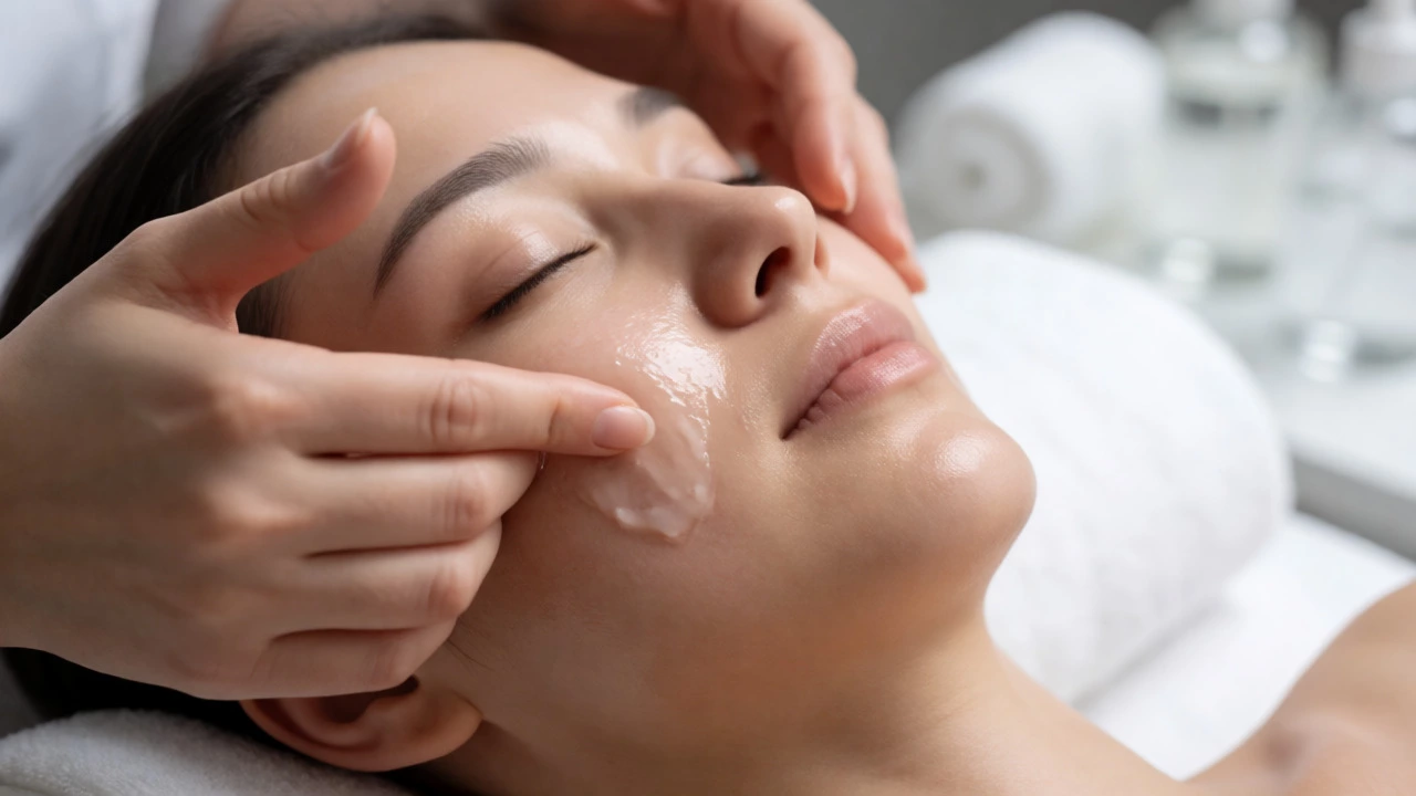 Esthetician applying hydrating hyaluronic acid serum to a client's face.