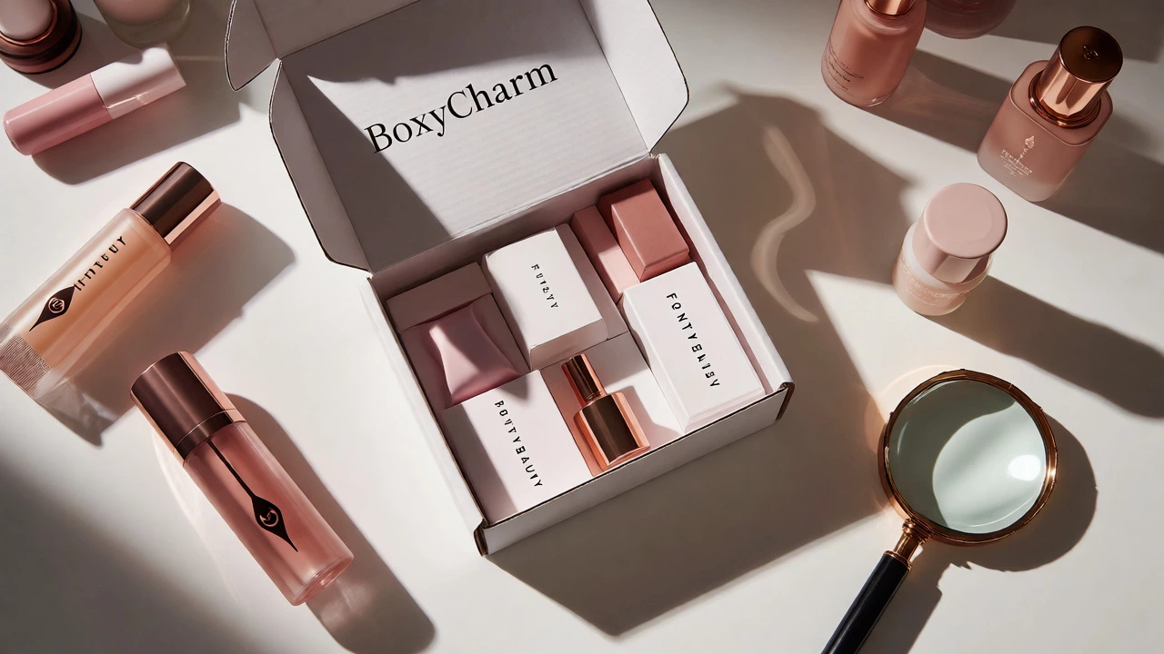 Flat lay of a vanity with a BoxyCharm box and selected full-size favorite products alongside a magnifying glass.