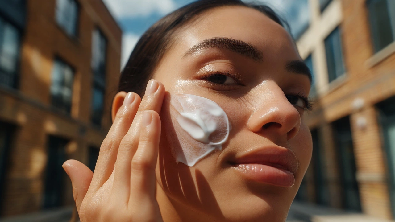 Hand applying sunscreen to face in cloudy daylight