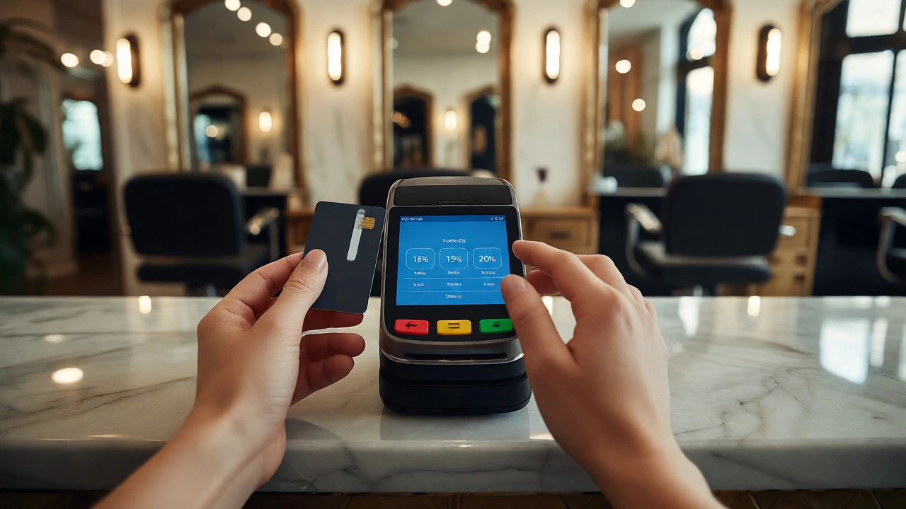 Hand holding a credit card near a salon payment terminal with tip options.