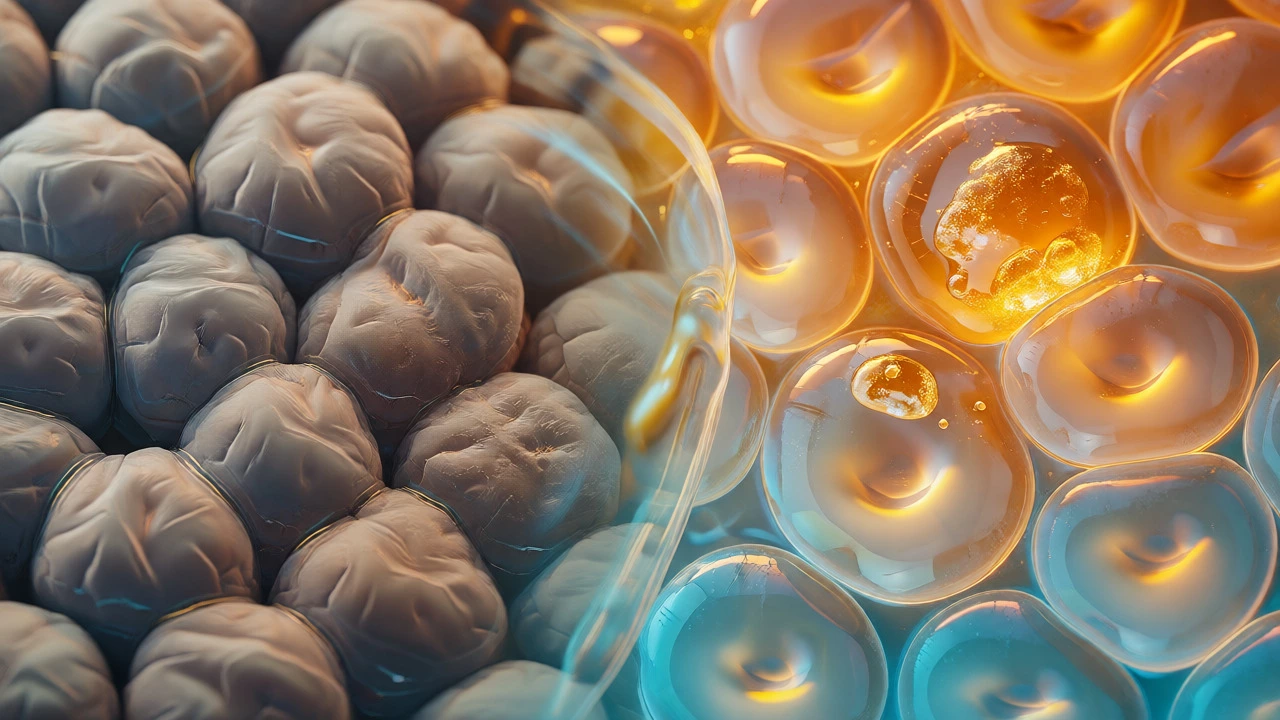 Macro concept art showing dull skin cells transforming into vibrant, glowing cells via serum infusion.