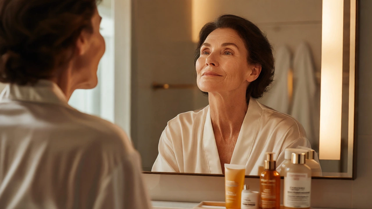 Mature woman admiring her lifted jawline and radiant skin in a modern bathroom mirror.