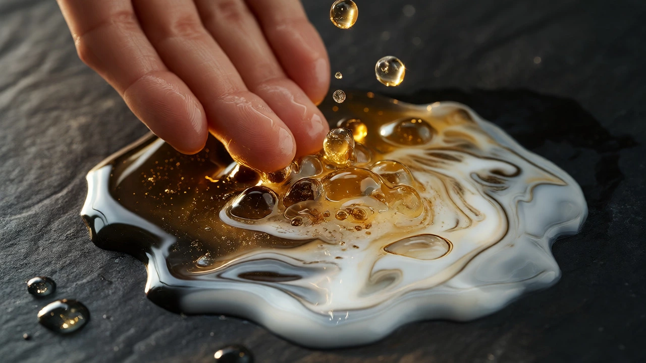 Oil cleanser emulsifying into milky white liquid on dark surface