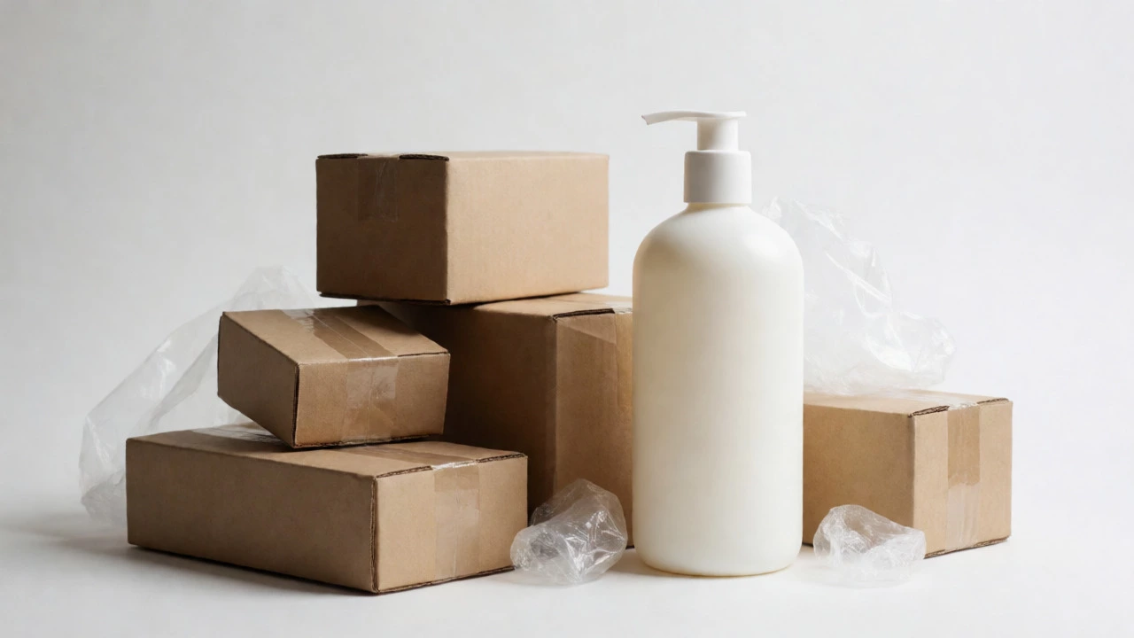 Single shampoo bottle beside discarded cardboard and plastic waste.
