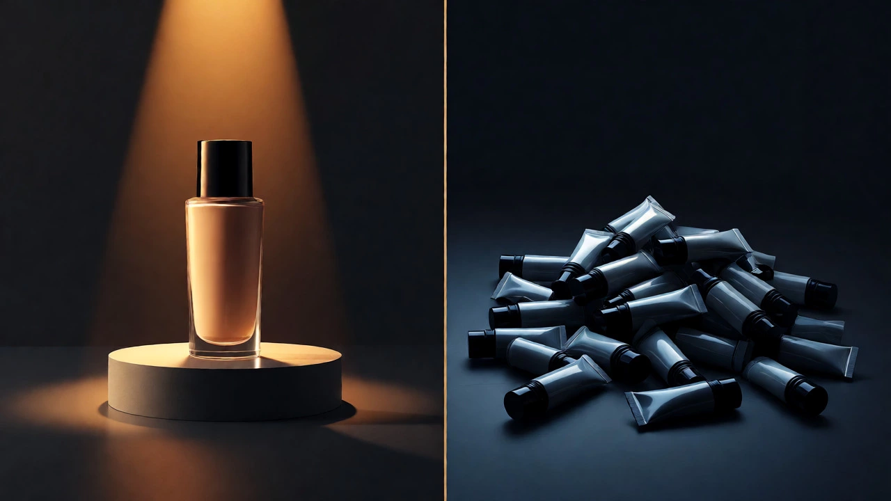 Split image contrasting a single large luxury bottle against a pile of many small sample tubes to show value ratio.