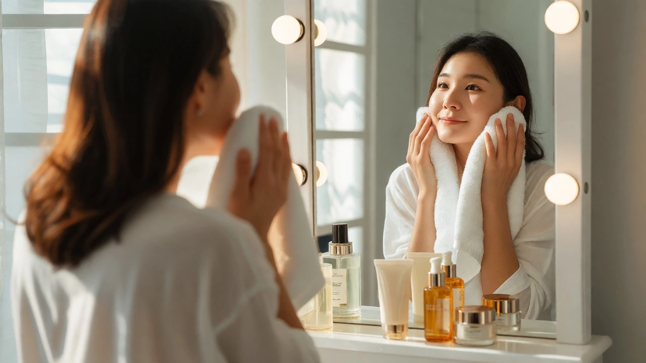 Woman drying face with towel after double cleansing routine