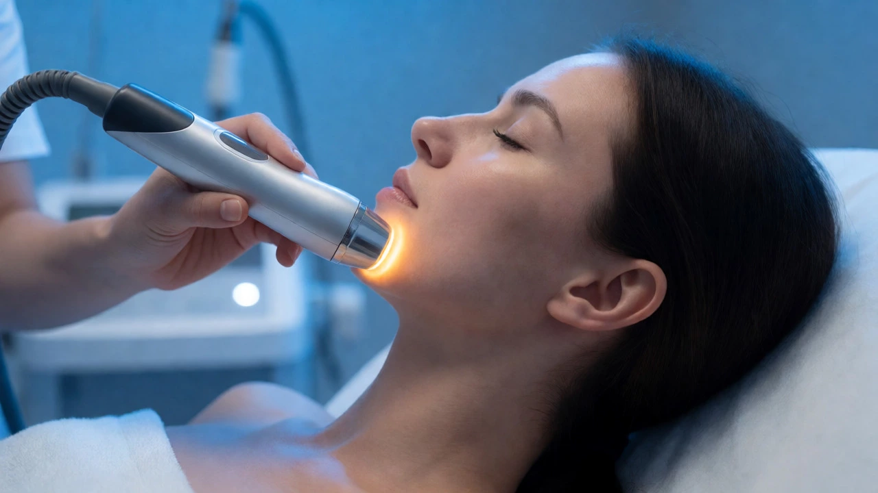 Woman receiving radiofrequency facial treatment for skin tightening and lifting.