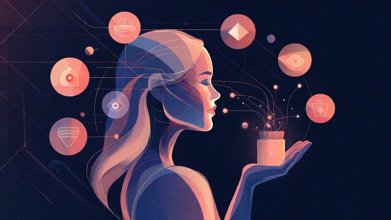 Abstract illustration of a person surrounded by beauty icons and digital connection lines.
