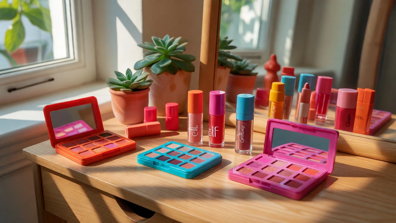 Assorted colorful cruelty-free makeup products on a vanity