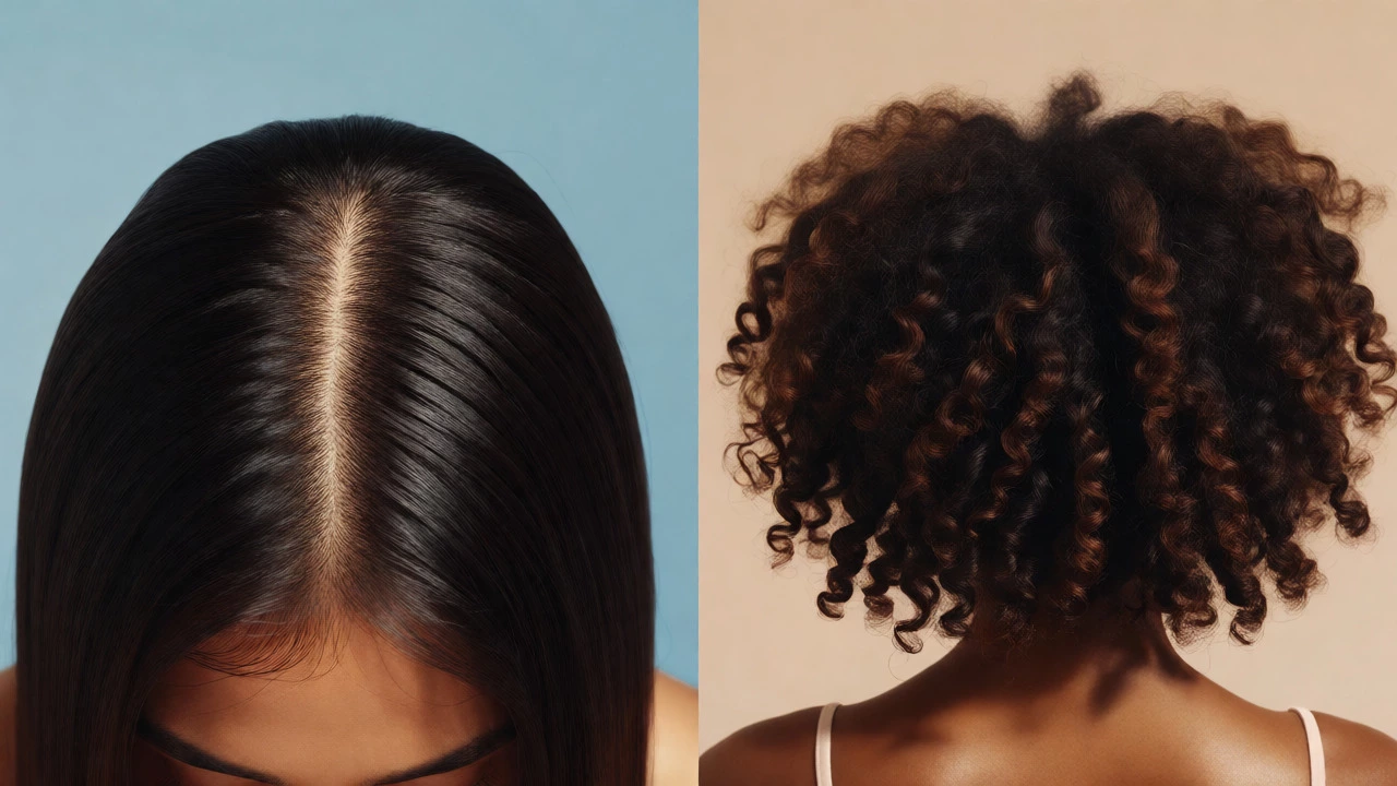 Comparison of oily straight hair and dry curly hair textures