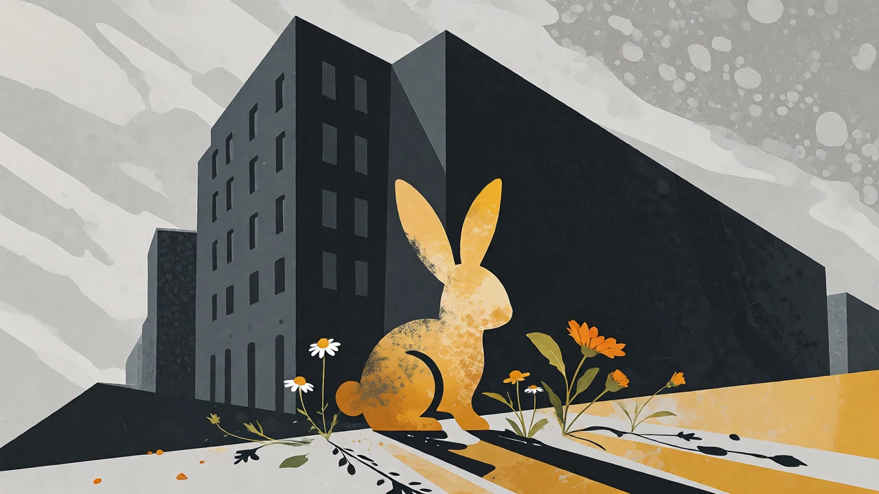 Conceptual art showing a faded bunny logo overshadowed by a large corporate silhouette.