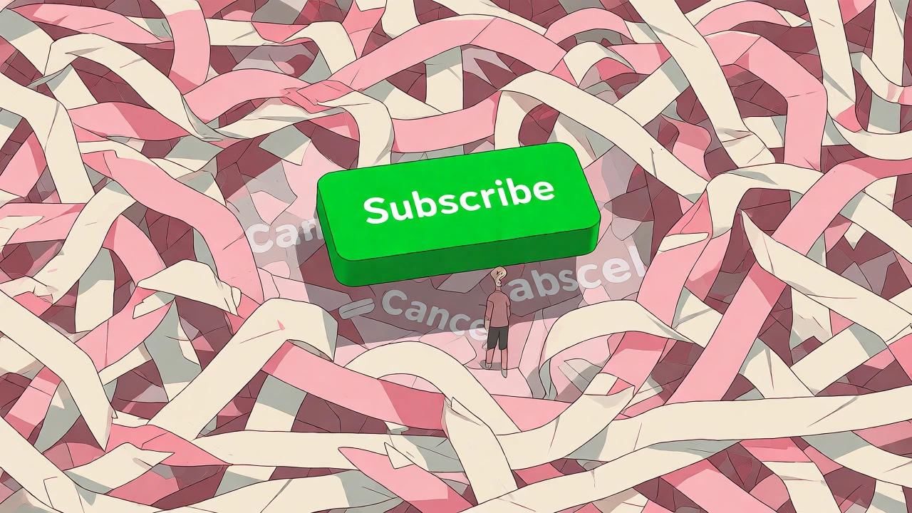 Conceptual maze of ribbons with giant subscribe button and tiny cancel link