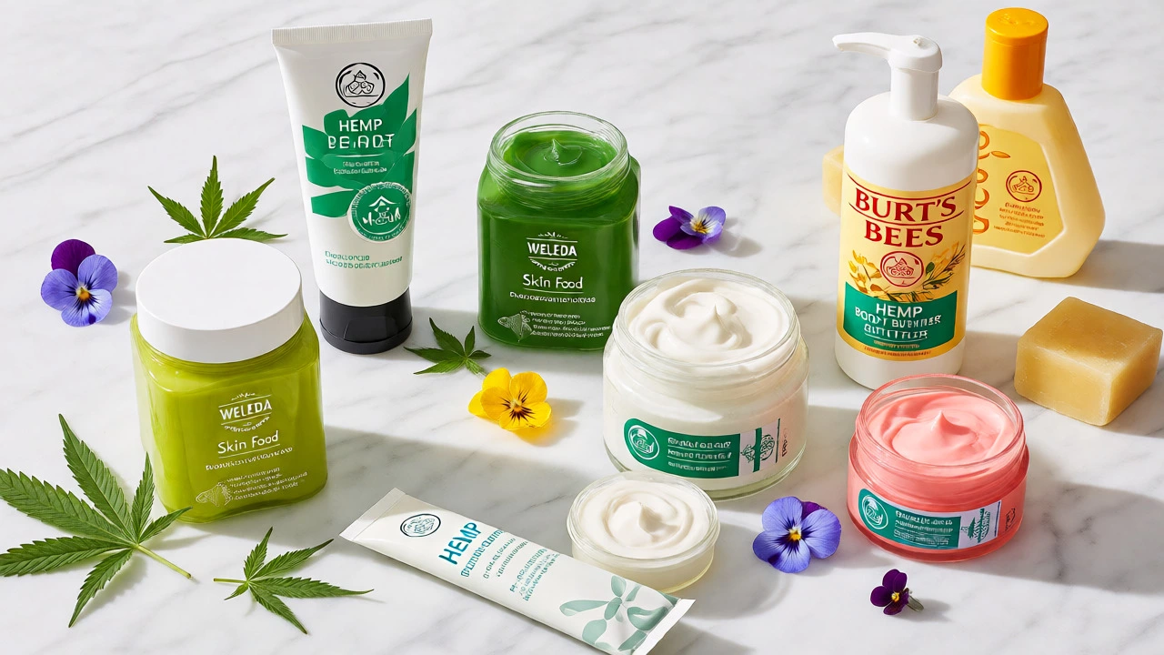 Cruelty-free moisturizers like Weleda and The Body Shop arranged with fresh botanicals.