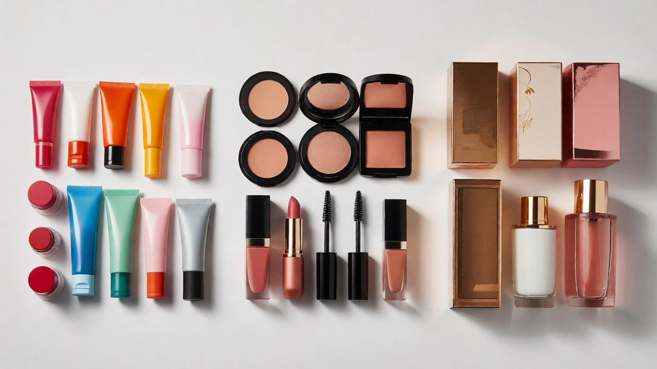 Flat lay comparison of sample-sized, full-size, and luxury beauty product sets.