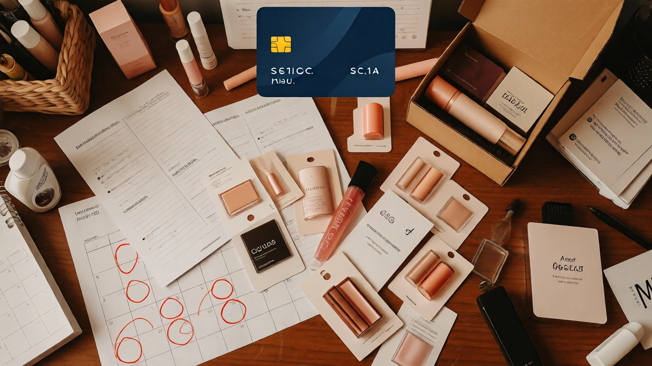 Flat lay of beauty samples, calendars, and virtual credit card concept