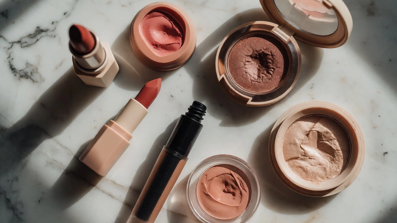 Flat lay of budget makeup products with simple packaging on marble
